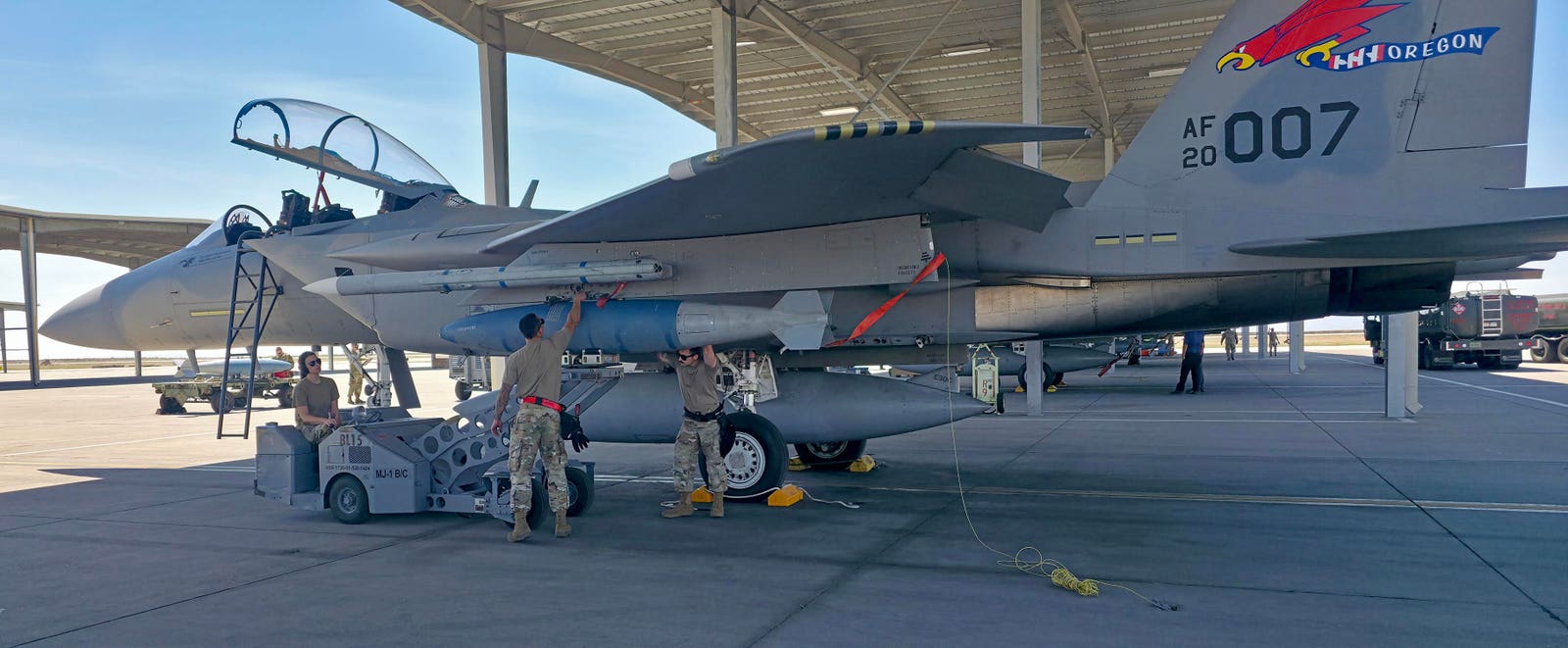 Pilots with the 123d Fighter Squadron, 142nd Fighter Wing dropped 500-pound BDU-50s and 2,000-pound BDU-56s test munitions in May at Mountain Home Air